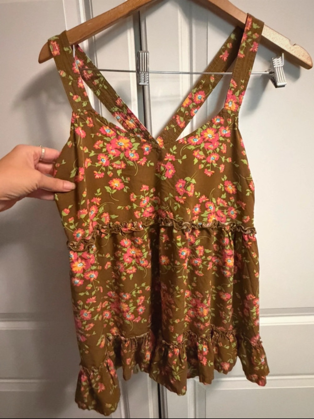 Matilda Jane Olive Floral Ruffle Camisole with Pink Blossoms